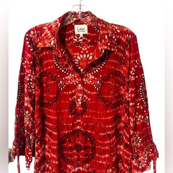 Label RITU KUMAR Indian Anthropologie Red Boho Tie Dye Eyelet Empire Dress M. - Picture 3 of 5